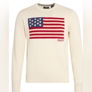 Chaps Men Cream Crewneck Sweater with American Flag Size L